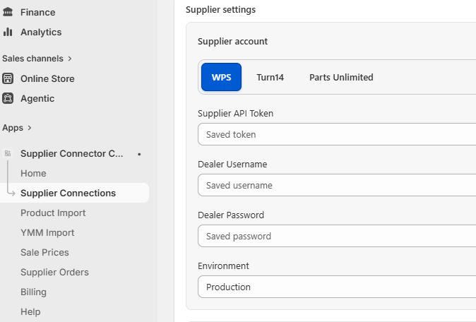 Supplier Connector settings for WPS, Turn 14, and Parts Unlimited