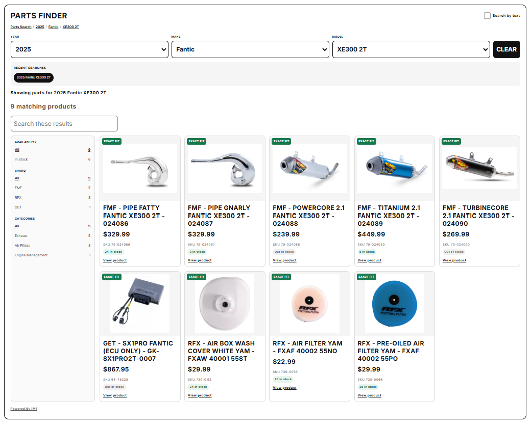 Live Shopify storefront Parts Finder showing matching products and filters