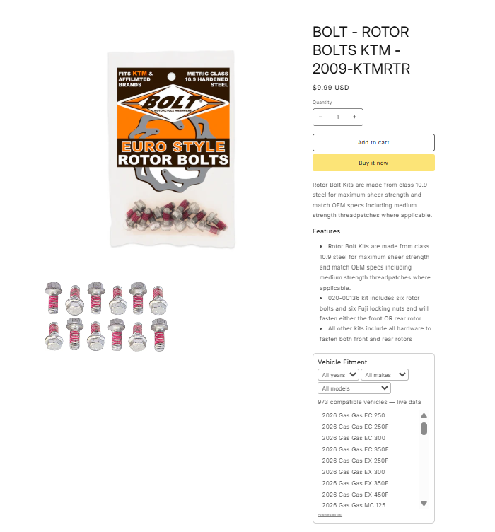 Live compatible vehicle fitment displayed on a Shopify product page